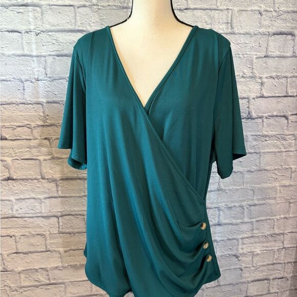 SHEIN Teal V-Neck Blouse with Button Accents - Picture 1 of 4